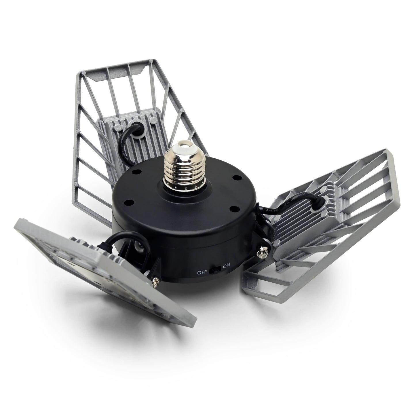A 360-degree rotating LED floodlight with three wings, featuring a black central body, silver metal wings, and a threaded screw-in socket on a white background.
