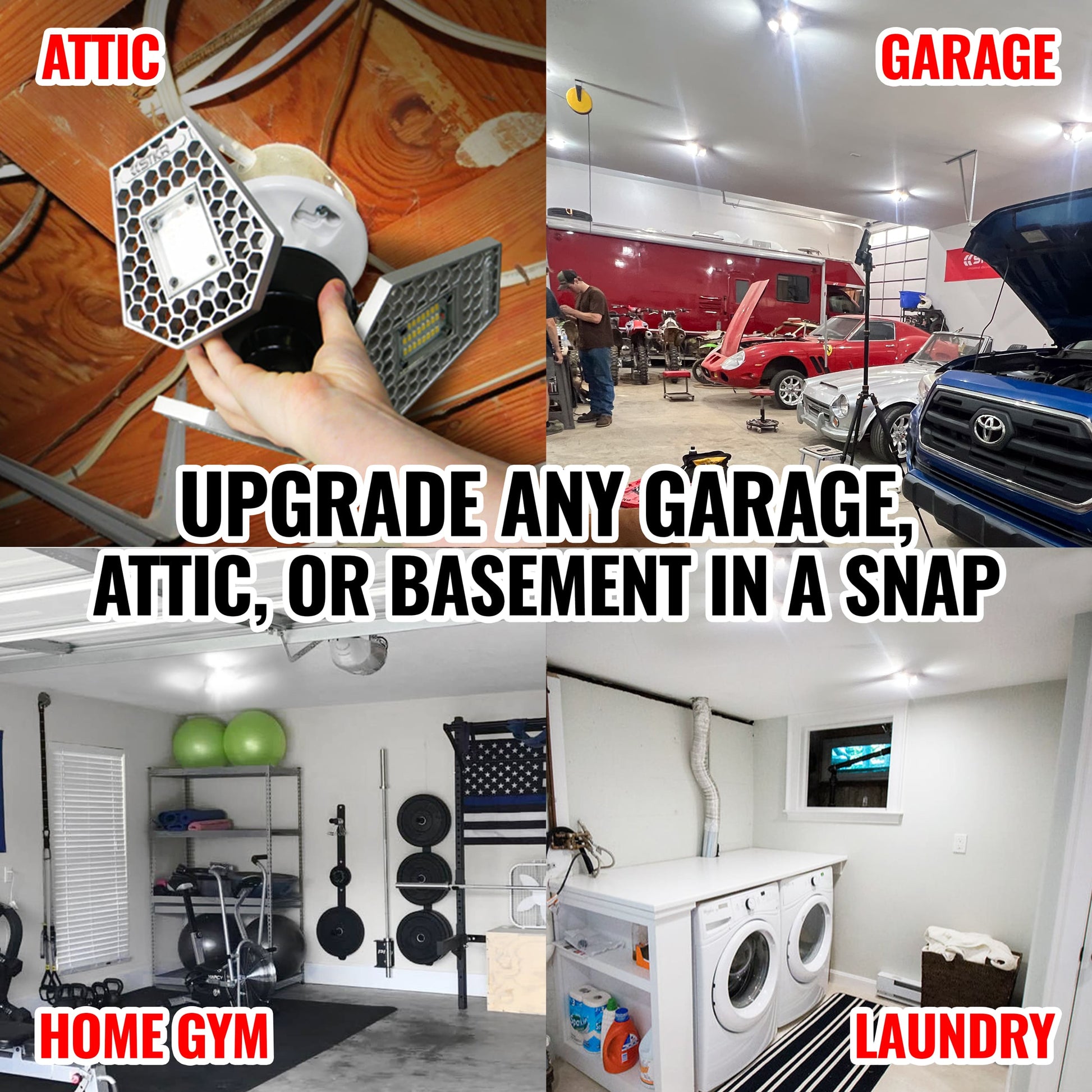 Collage of garage, attic, home gym, and laundry room all lit up by the TRiLIGHT superbulb by STKR Concepts.