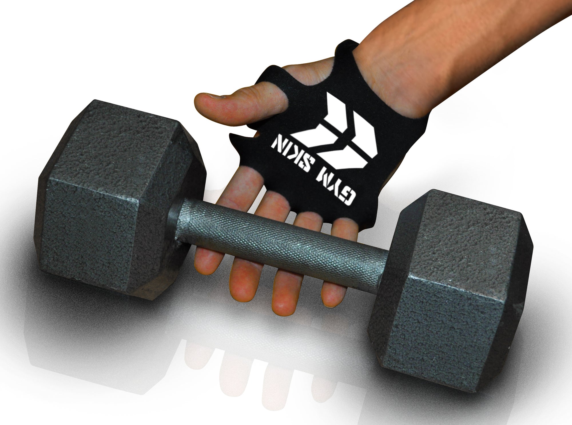 hand wearing gym skin palm protectors reaching for a free weight