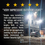 Outdoor security light installation with customer review text and five-star rating.