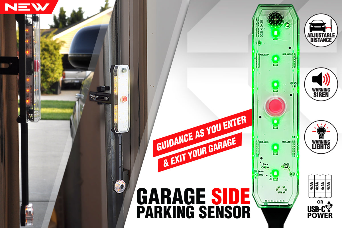 Garage side parking sensor homepage banner featuring 2 garage use pics and one studio image with titles and feature logos. Text reads: Garage Side Parking Sensor, Guidance as you enter & exit your garage, Adjustable Distance, Warning Siren, Warning Lights