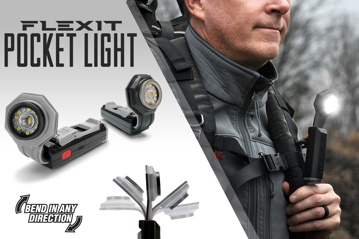 FLEXIT Pocket Light mobile banner featuring a clean studio pic and and a hiking pic. Text reads FLEXIT Pocket Light. Bend in any direction. Hiker has it clipped to his backpack strap out of focus trees in the background.