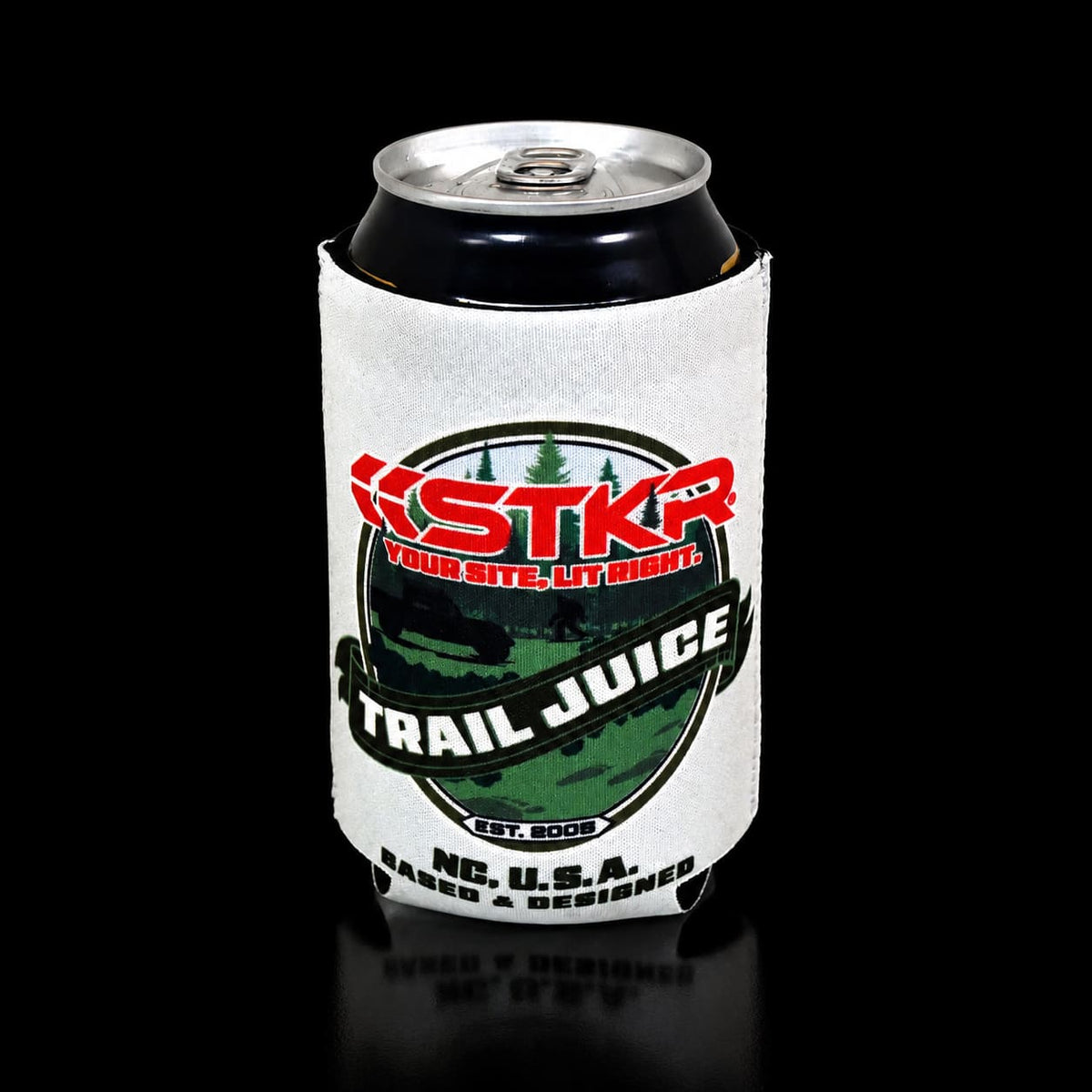 Koozie with 'STKR' branding and 'Trail Juice' text on a white background