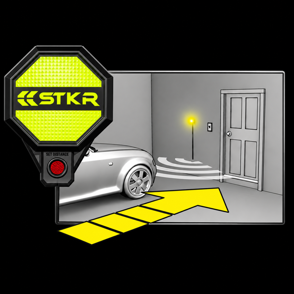 gray Adjustable Garage Parking Sensor: yellow caution instruction on black