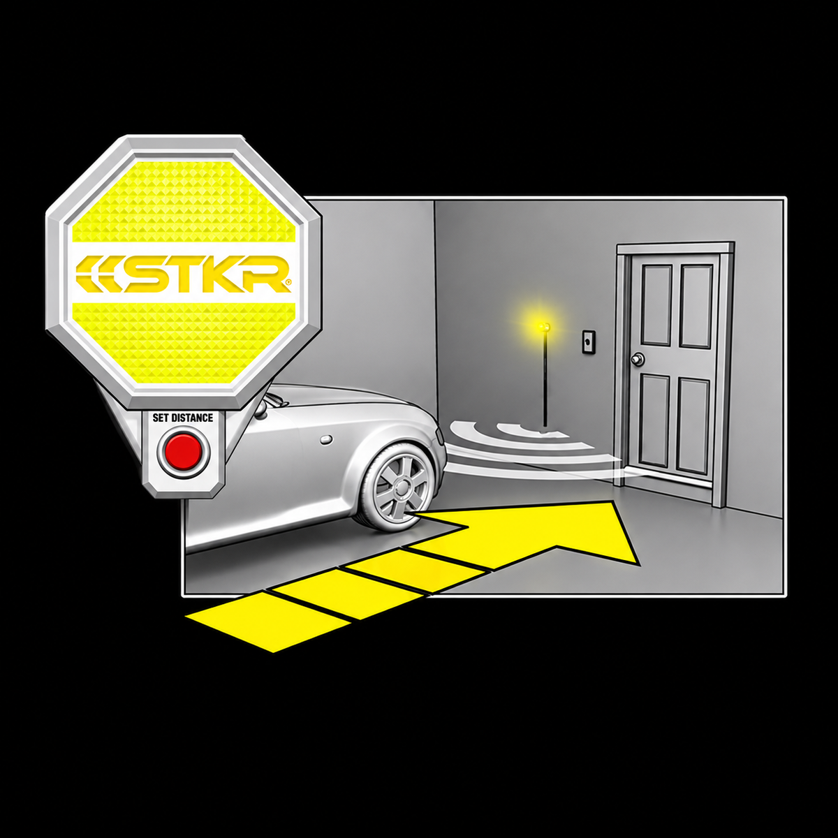 white Garage Parking Sensor LT: yellow caution instruction on black
