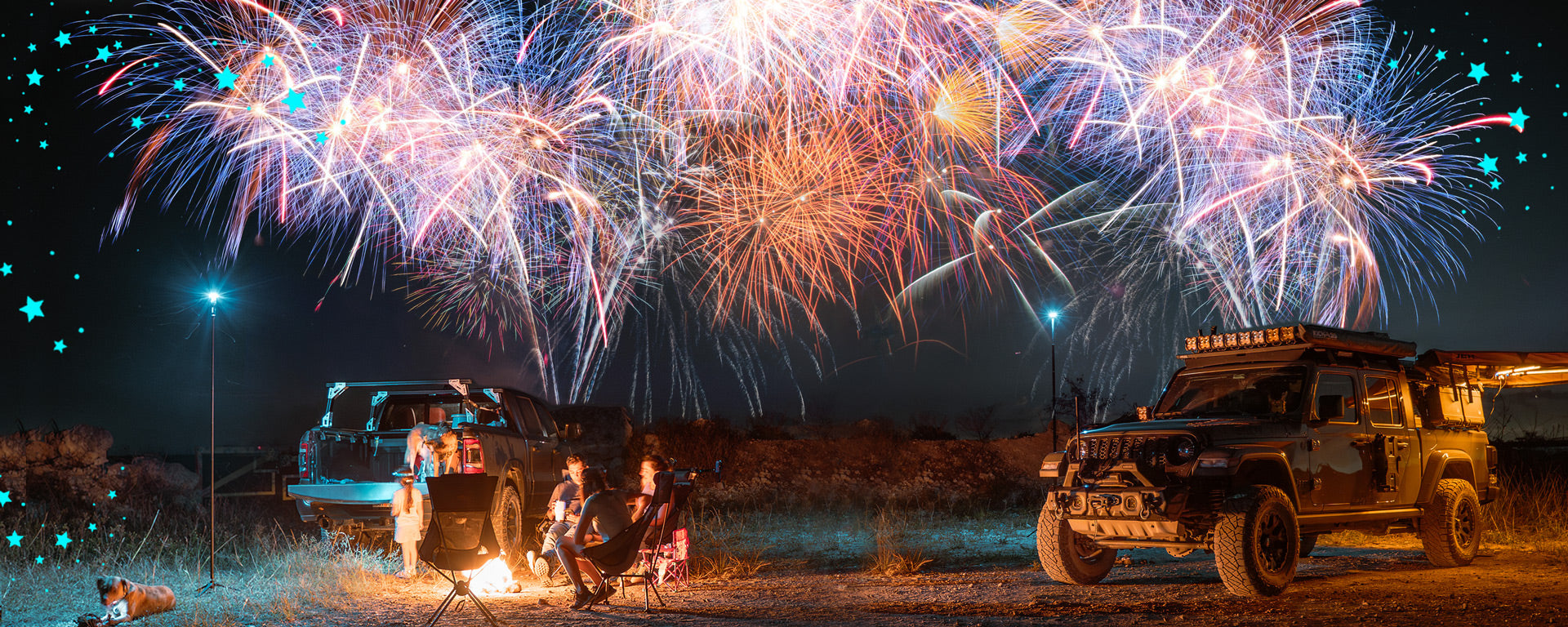 4th of July website banner featuring an overlanding night time theme lit up by overlanders and a sky full of fireworks